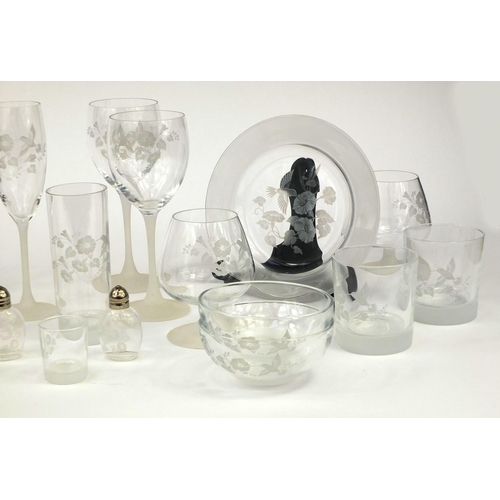 290 - Collection of glassware etched with a humming bird and flowers