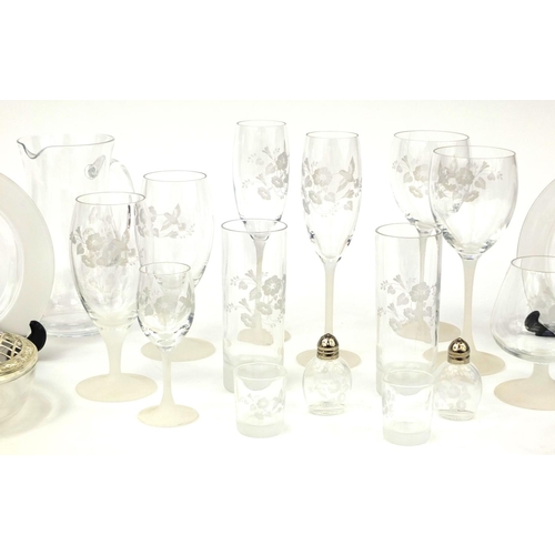 290 - Collection of glassware etched with a humming bird and flowers