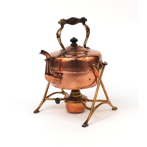 200 - Vintage copper and brass kettle on stand with burner, 27cm high