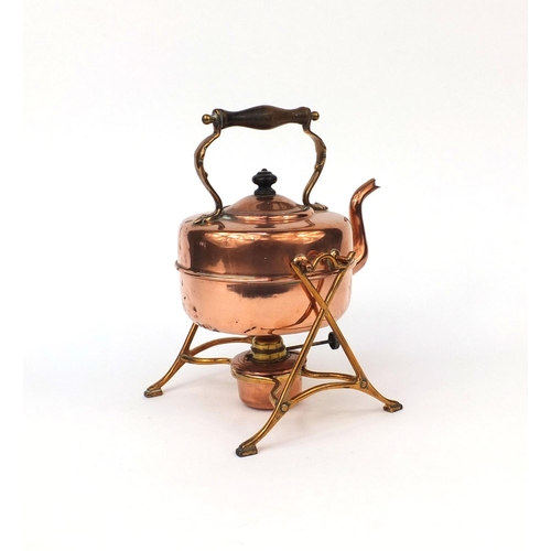 200 - Vintage copper and brass kettle on stand with burner, 27cm high