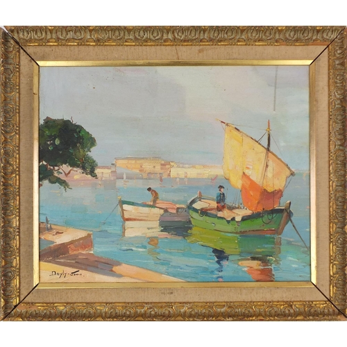 106 - Oil on canvas, moored boats in a continental scene, bearing a signature Doyly - John, 55cm x 42cm ex... 