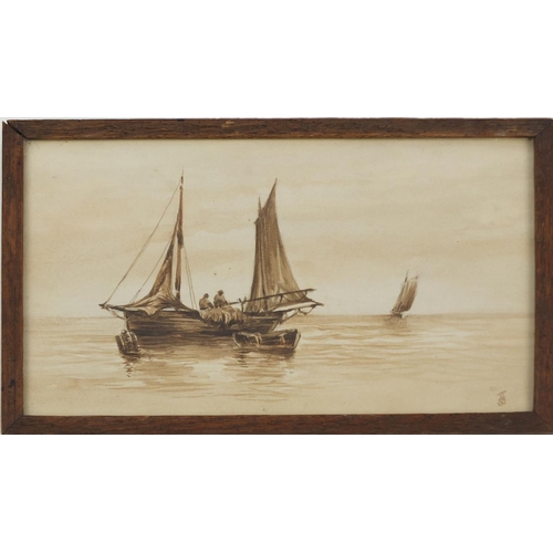 246 - Sepia onto paper, fishing boat at sea, bearing a monogram, 22.5cm x 13.5cm