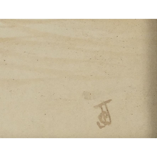 246 - Sepia onto paper, fishing boat at sea, bearing a monogram, 22.5cm x 13.5cm