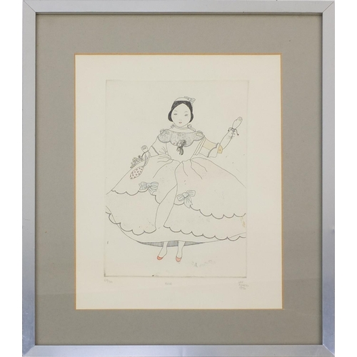 241 - Lee March - Pencil signed coloured engraving, young child wearing a dress, titled Rose numbered 29/3... 