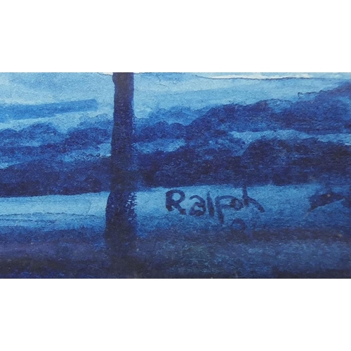 645 - Watercolour onto paper, moonlit landscape scene, bearing a signature Ralph, 23cm x 16cm excluding th... 