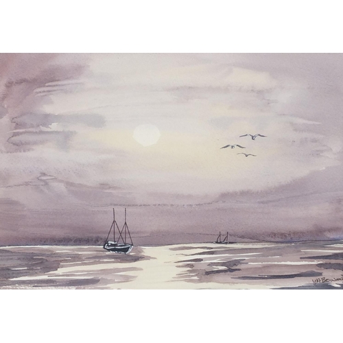 508 - Three watercolour views of landscape scenes, boats at sea etc and an oil on board, moored boats, eac... 