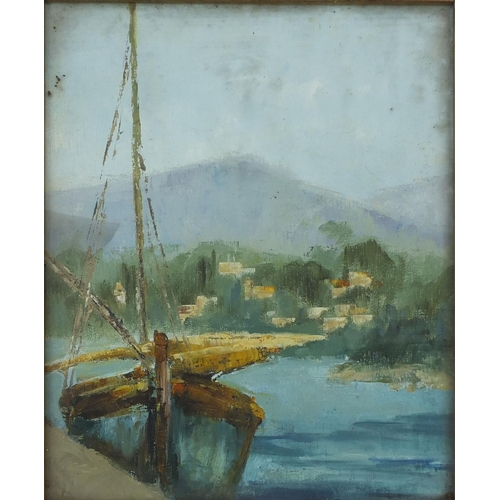 508 - Three watercolour views of landscape scenes, boats at sea etc and an oil on board, moored boats, eac... 