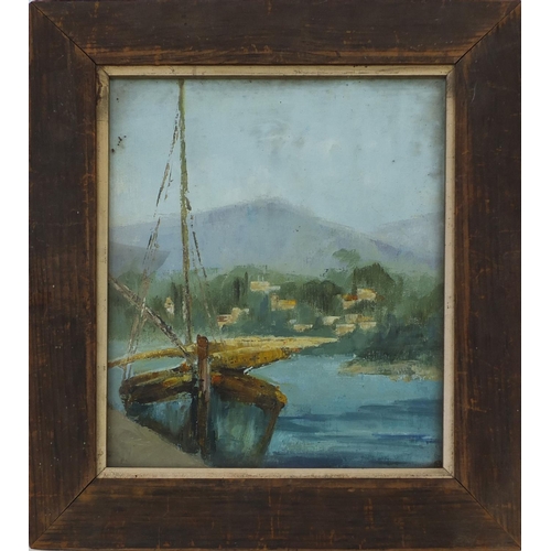 508 - Three watercolour views of landscape scenes, boats at sea etc and an oil on board, moored boats, eac... 