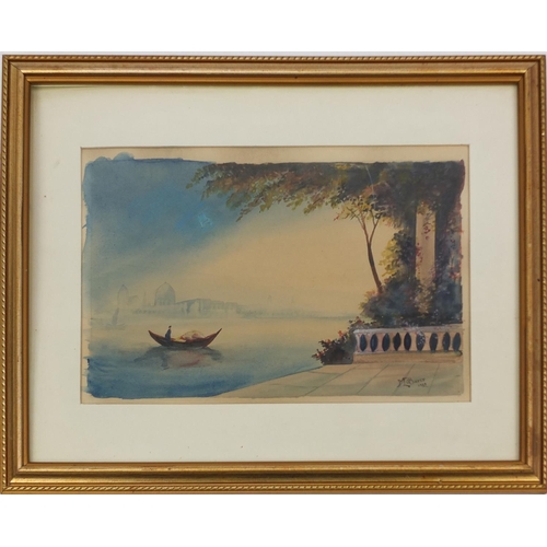 508 - Three watercolour views of landscape scenes, boats at sea etc and an oil on board, moored boats, eac... 