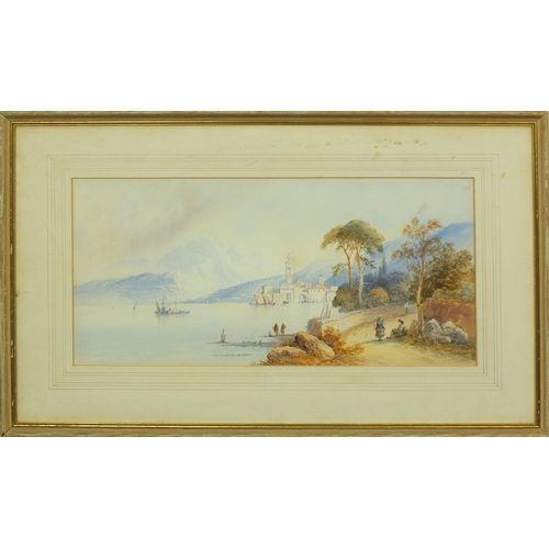 2238 - Watercolour onto card, figures and boats, continental lagoon, mounted and framed, 48cm x 24cm exclud... 