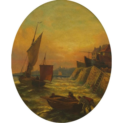 2057 - 19th century oval oil onto canvas, fisherman on the coast, ornately gilt framed, 63cm x 51cm excludi... 