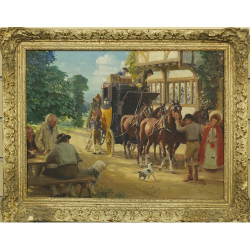 2226 - Oakdale - Oil onto canvas, horse drawn coach outside of a public house, label verso, ornately framed... 