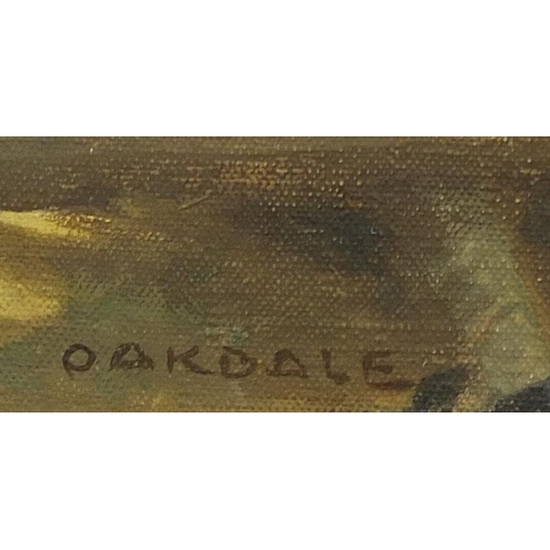 2226 - Oakdale - Oil onto canvas, horse drawn coach outside of a public house, label verso, ornately framed... 