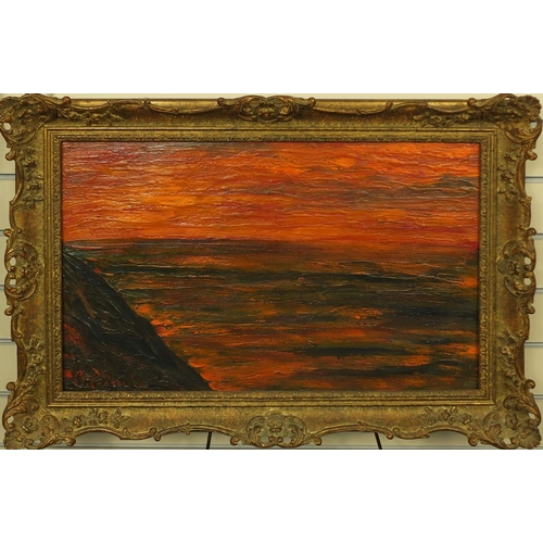 2165 - Oil onto canvas, red sky landscape, bearing a signature Pembrik, ornately framed, 64cm x 42cm exclud... 