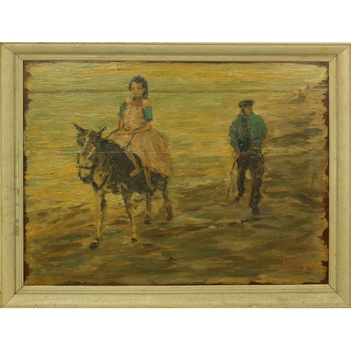 2162 - Oil onto wood panel, girl riding a donkey by the sea, bearing a signature Issac Israell, framed, 80c... 