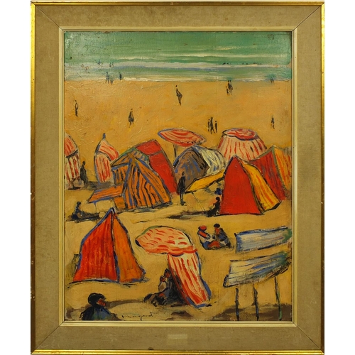 2120 - Oil onto board, continental beach scene, figures and marquees, bearing an indistinct signature Marge... 