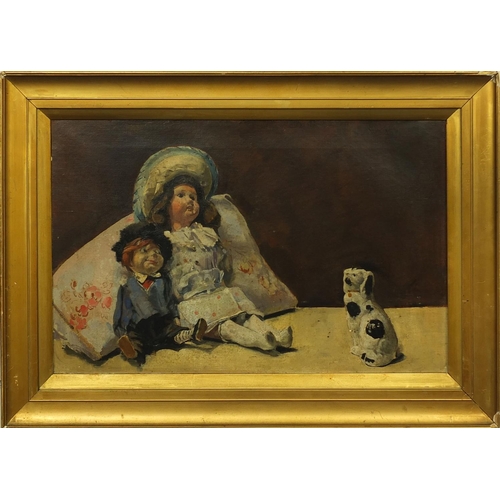 2143 - Oil onto canvas, dolls on a sideboard, bearing a signature J A Manson, The Victoria Art Gallery labe... 