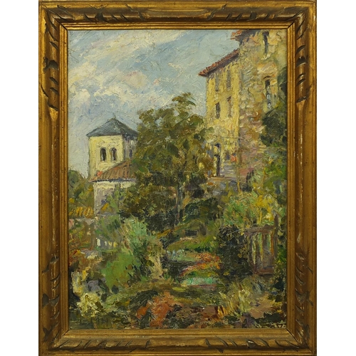 2141 - Oil onto canvas, continental villa garden, bearing a monogram LNH, gilt framed, 53cm x 37cm excludin... 