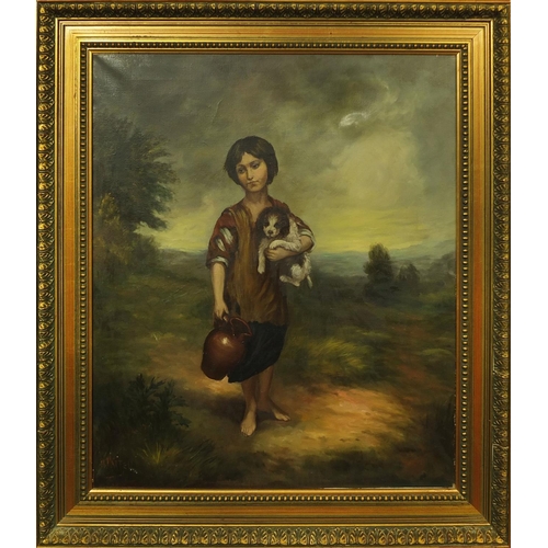 2088 - Oil onto canvas, young water carrier holding her dog, bearing a signature Warteen, gilt framed, 59cm... 