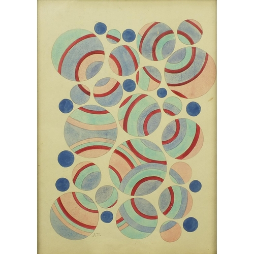 2213 - Pair of pencil and watercolour abstract compositions, geometric shapes, each bearing a monogram, eac... 