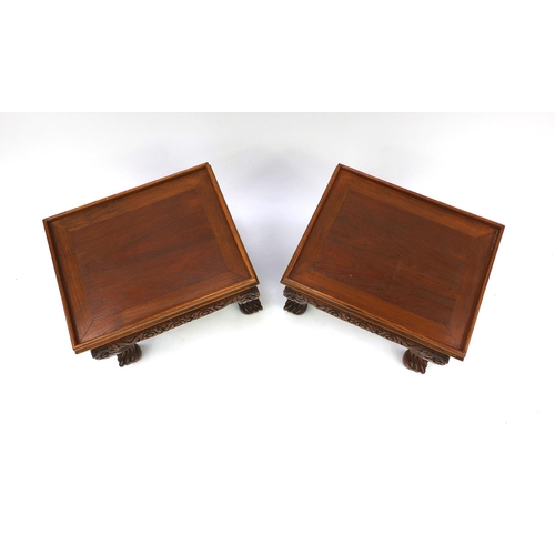 2031 - Pair of Indonesian hardwood occasional tables with galleried tops, each carved with flowers and foli... 