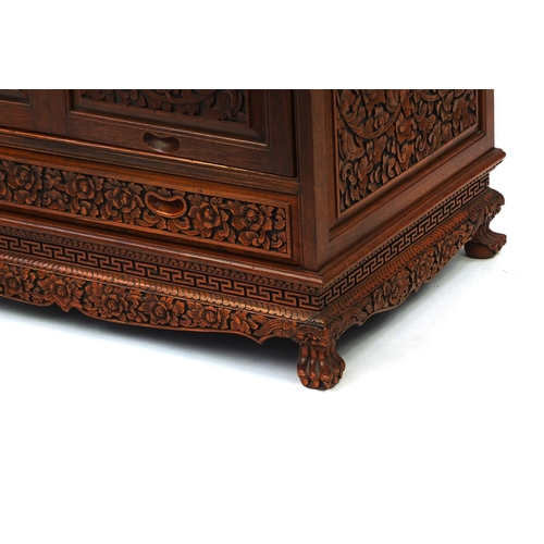 2028 - Thai hardwood cabinet profusely carved with flowers and foliage, 91cm high x 90cm wide x 58cm deep