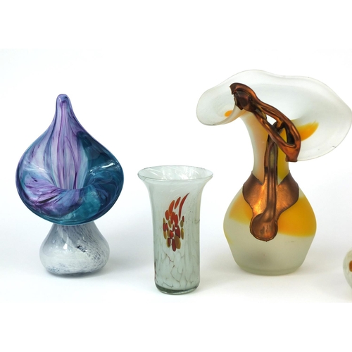 2217 - Five colourful glass vases including two Jack in the Pulpit style examples, the largest 22cm high