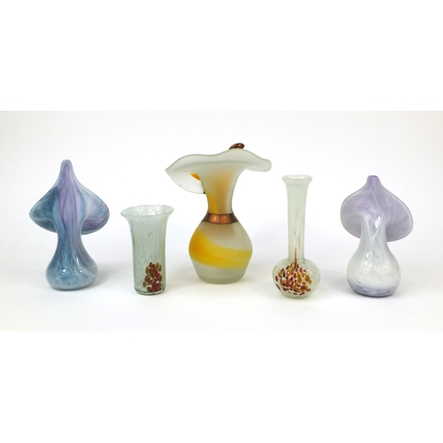 2217 - Five colourful glass vases including two Jack in the Pulpit style examples, the largest 22cm high