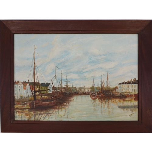 2166 - Oil onto canvas, moored boats, bearing a signature H J Corter, framed 60cm x 44cm excluding  the fra... 