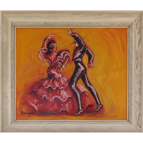 2176 - 1960's oil on canvas, Flamenco dancers, bearing a signature Abendana 61, stamped verso, framed, 59cm... 