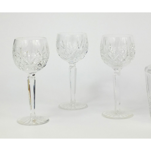 2099 - Set of six Waterford Crystal toasting glasses together with a cut glass decanter, the decanter etche... 