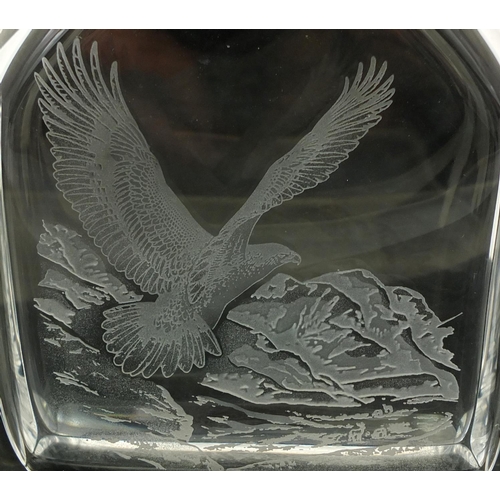 2133 - Orrefors glass decanter etched with an eagle in flight, etched marks to the base, 27cm high