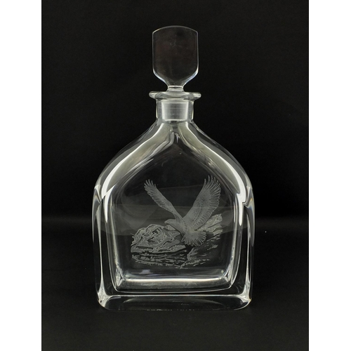 2133 - Orrefors glass decanter etched with an eagle in flight, etched marks to the base, 27cm high