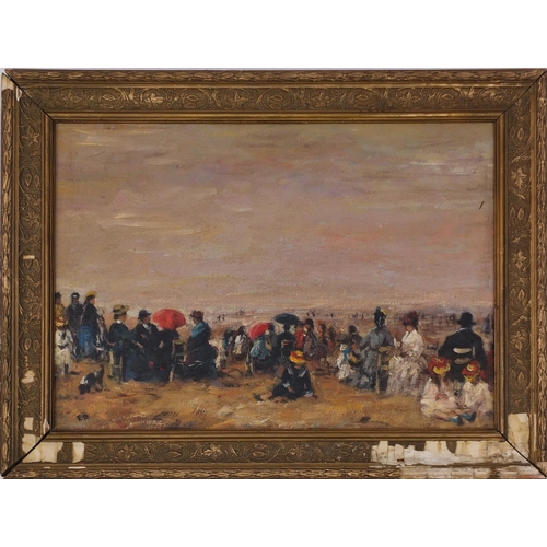 2146 - French impressionist oil onto board, figures on a beach, bearing a monogram EB, ornately gilt framed... 