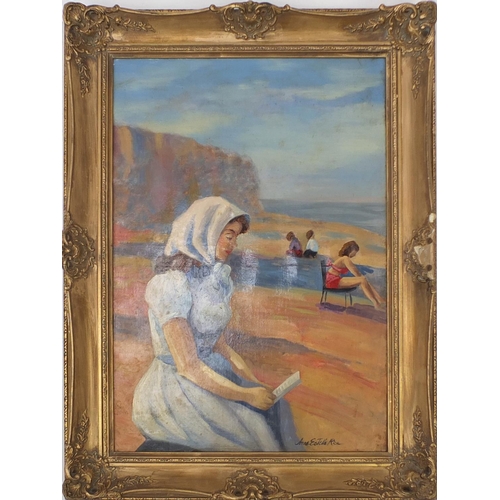 2117 - Oil onto canvas, mother with her children on the beach, bearing a signature Anne Estelle Rice, ornat... 