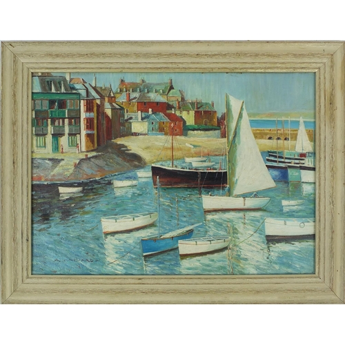 2059 - Cornish school oil onto board, harbour scene, bearing a signature A Hayward, framed, 58cm x 40cm exc... 