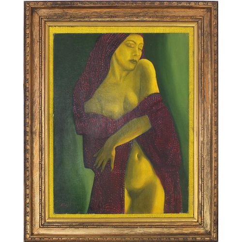 2227 - Oil onto board, yellow semi nude female, bearing a signature Rallé, framed, 41cm x 30cm excluding th... 