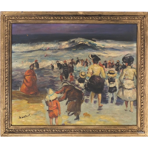 2085 - Oil onto board, figures by the beach, bearing a signature Nadal, framed, 57cm x 44cm excluding the f... 