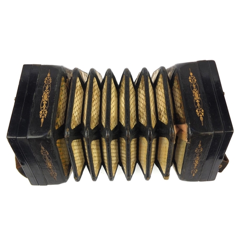 236 - English make 33 button concertina with bone buttons, together with a part mahogany case, 16cm in dia... 