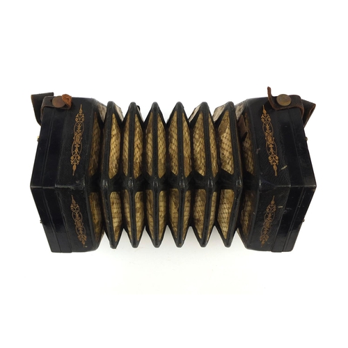 236 - English make 33 button concertina with bone buttons, together with a part mahogany case, 16cm in dia... 