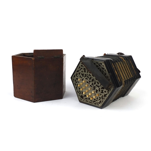 236 - English make 33 button concertina with bone buttons, together with a part mahogany case, 16cm in dia... 