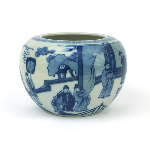 491 - Chinese blue and white porcelain bowl, hand painted with continuous band of figures in a court setti... 