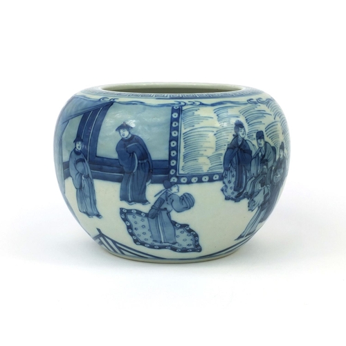 491 - Chinese blue and white porcelain bowl, hand painted with continuous band of figures in a court setti... 