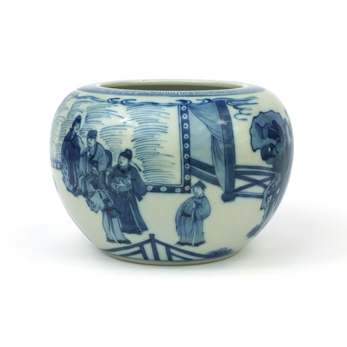 491 - Chinese blue and white porcelain bowl, hand painted with continuous band of figures in a court setti... 