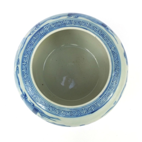 491 - Chinese blue and white porcelain bowl, hand painted with continuous band of figures in a court setti... 