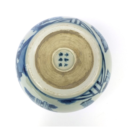 491 - Chinese blue and white porcelain bowl, hand painted with continuous band of figures in a court setti... 