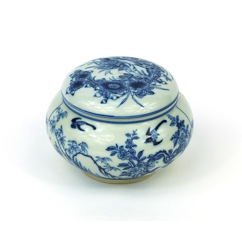 502 - Chinese blue and white porcelain pot and cover, hand painted with birds of paradise amongst flowers ... 