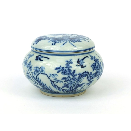 502 - Chinese blue and white porcelain pot and cover, hand painted with birds of paradise amongst flowers ... 