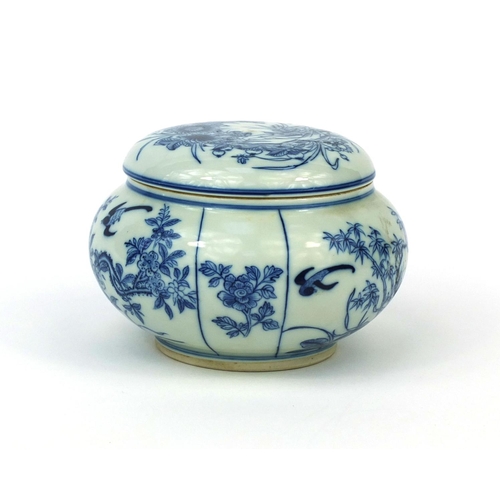 502 - Chinese blue and white porcelain pot and cover, hand painted with birds of paradise amongst flowers ... 