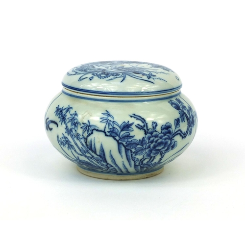 502 - Chinese blue and white porcelain pot and cover, hand painted with birds of paradise amongst flowers ... 